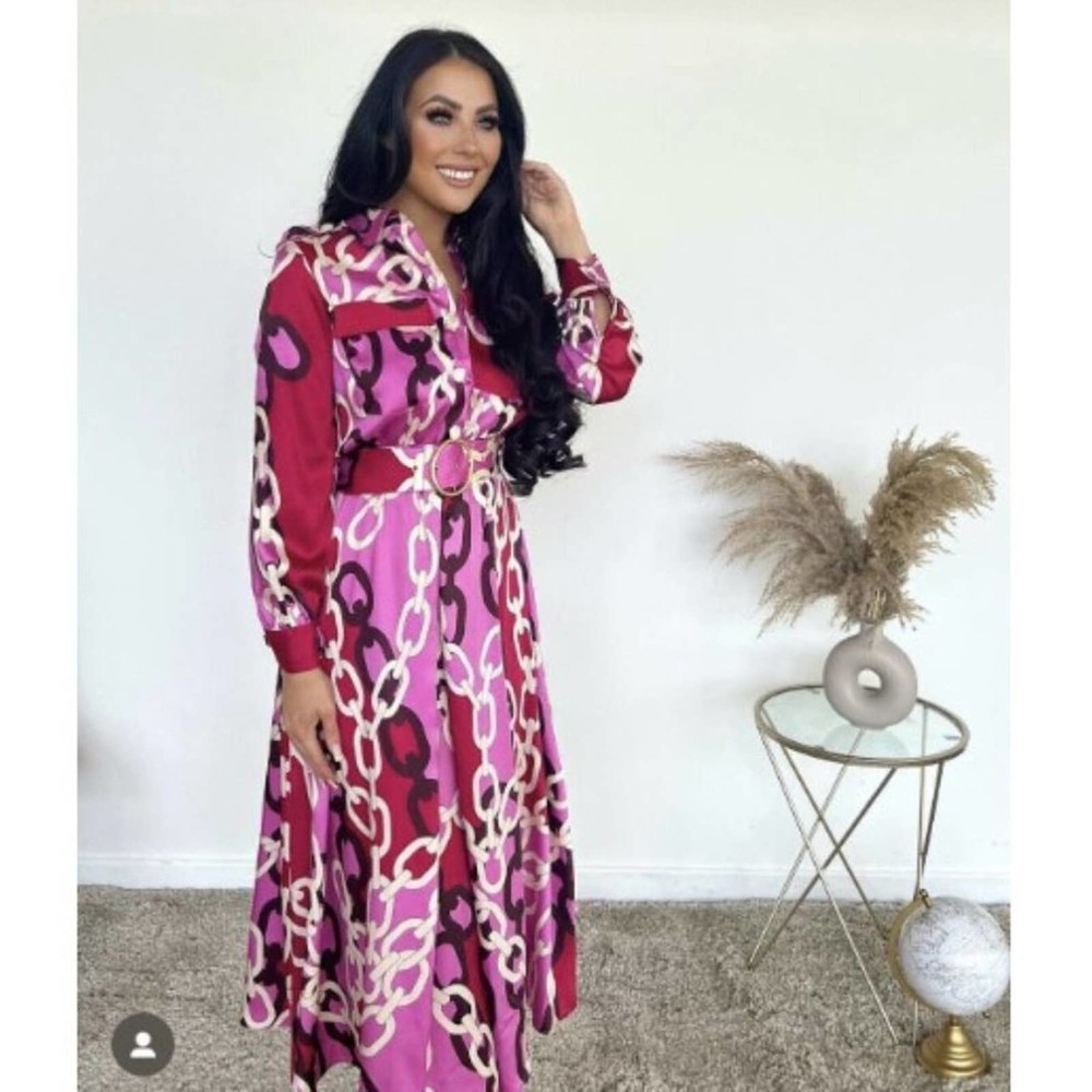 Zara Pink Chain Print Satin Effect Midi Shirt Dress V-Neck Long Sleeve Medium